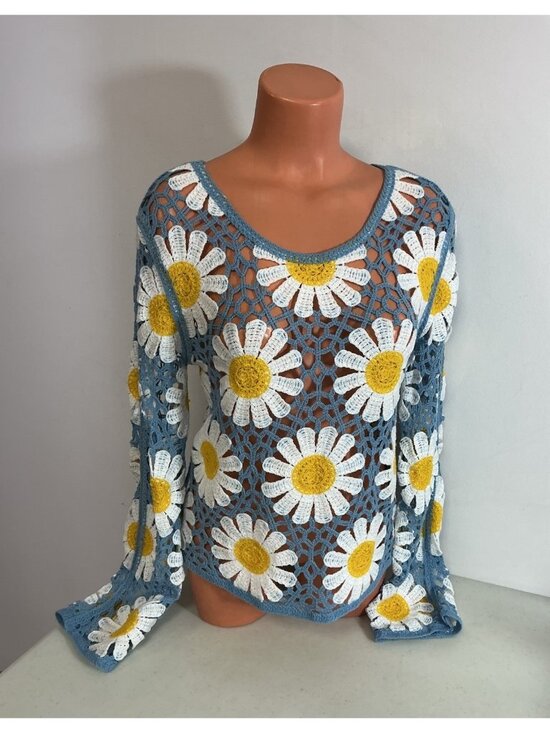Rebellion Again Sweaters - Rebellion Again Daisy Crochet Floral Flared Sleeve Blouse Boho Festival Medium